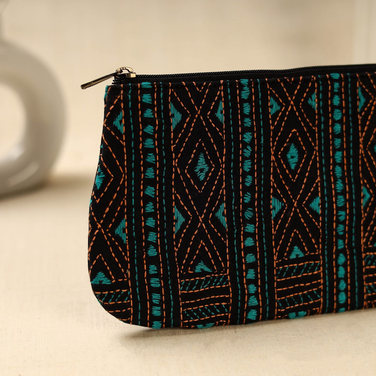 Black Handcrafted Bengal Kantha Work Multipurpose Pouch