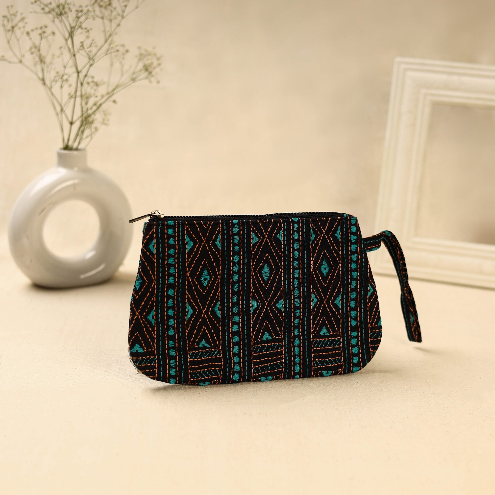 Black Handcrafted Bengal Kantha Work Multipurpose Pouch