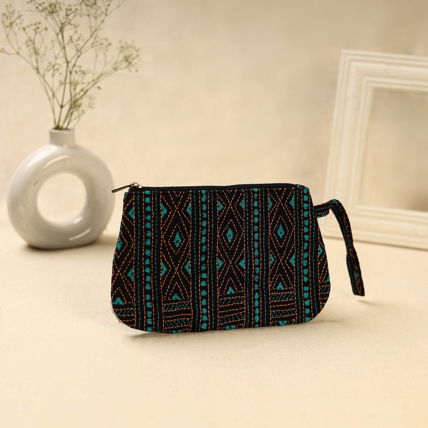 Black Handcrafted Bengal Kantha Work Multipurpose Pouch