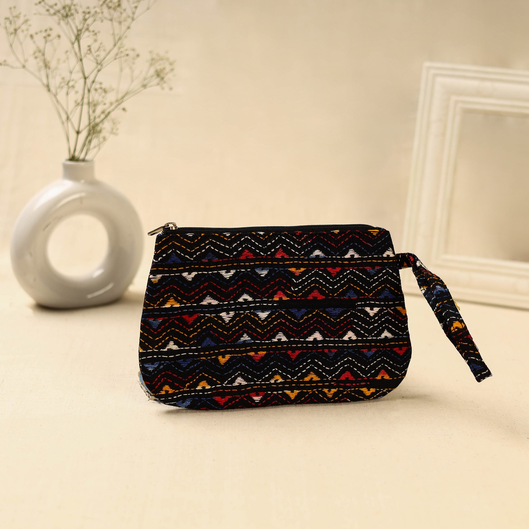 Black Handcrafted Bengal Kantha Work Multipurpose Pouch