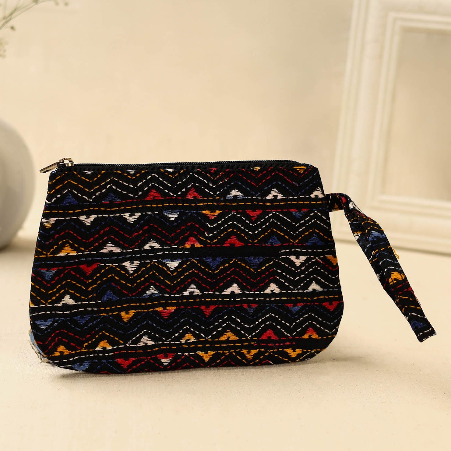 Black Handcrafted Bengal Kantha Work Multipurpose Pouch