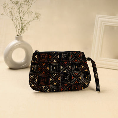 Black Handcrafted Bengal Kantha Work Multipurpose Pouch