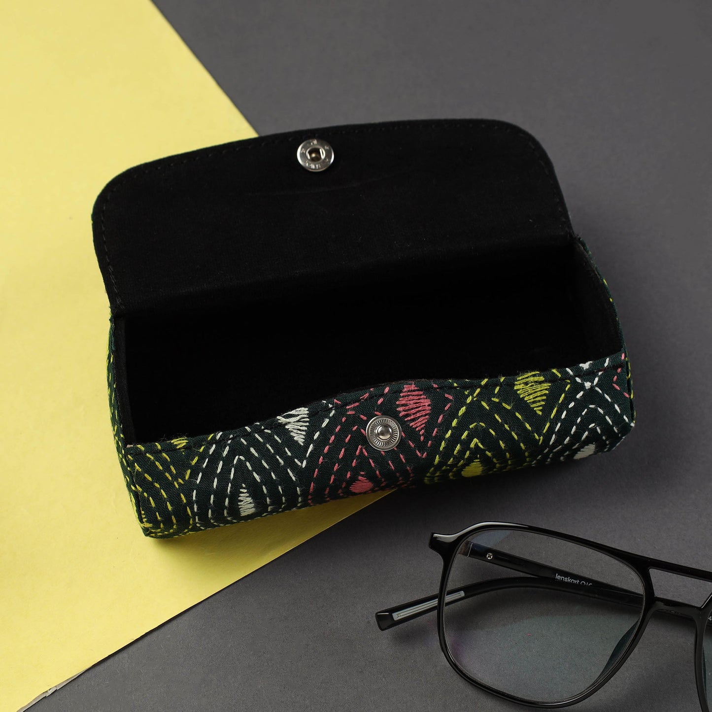 Black Handcrafted Bengal Kantha Work Spectacle Case 09