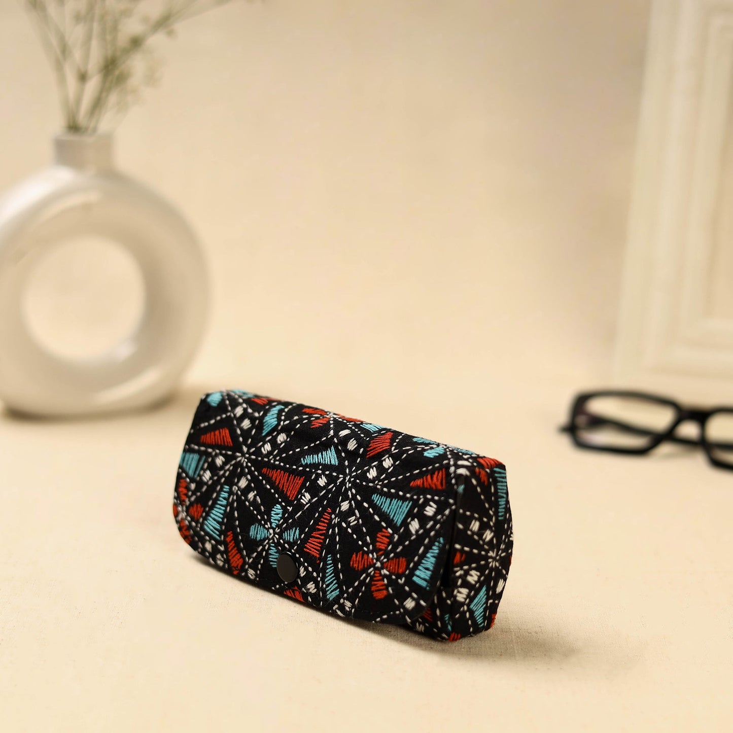 Black Handcrafted Bengal Kantha Work Spectacle Case