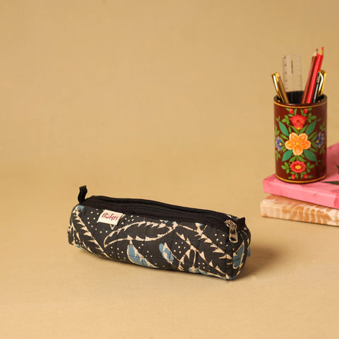 Black - handcrafted cotton quilted pencil pouch 08