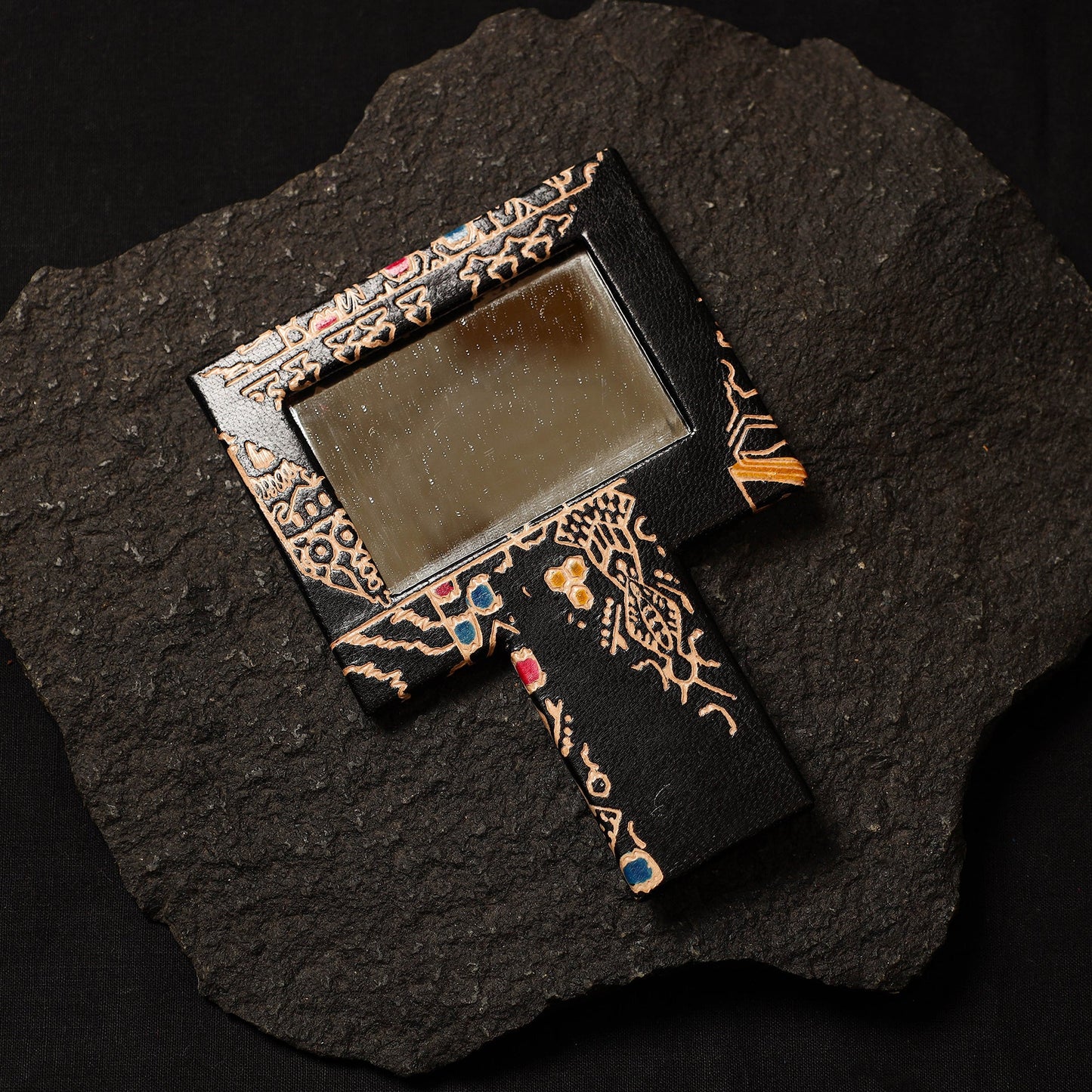 Black Handcrafted Embossed Leather Mirror Case