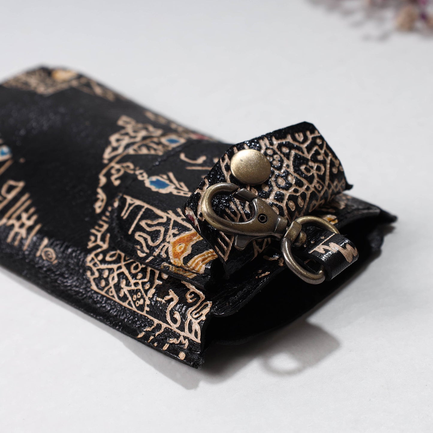 Black Handcrafted Embossed Leather Mobile Case 