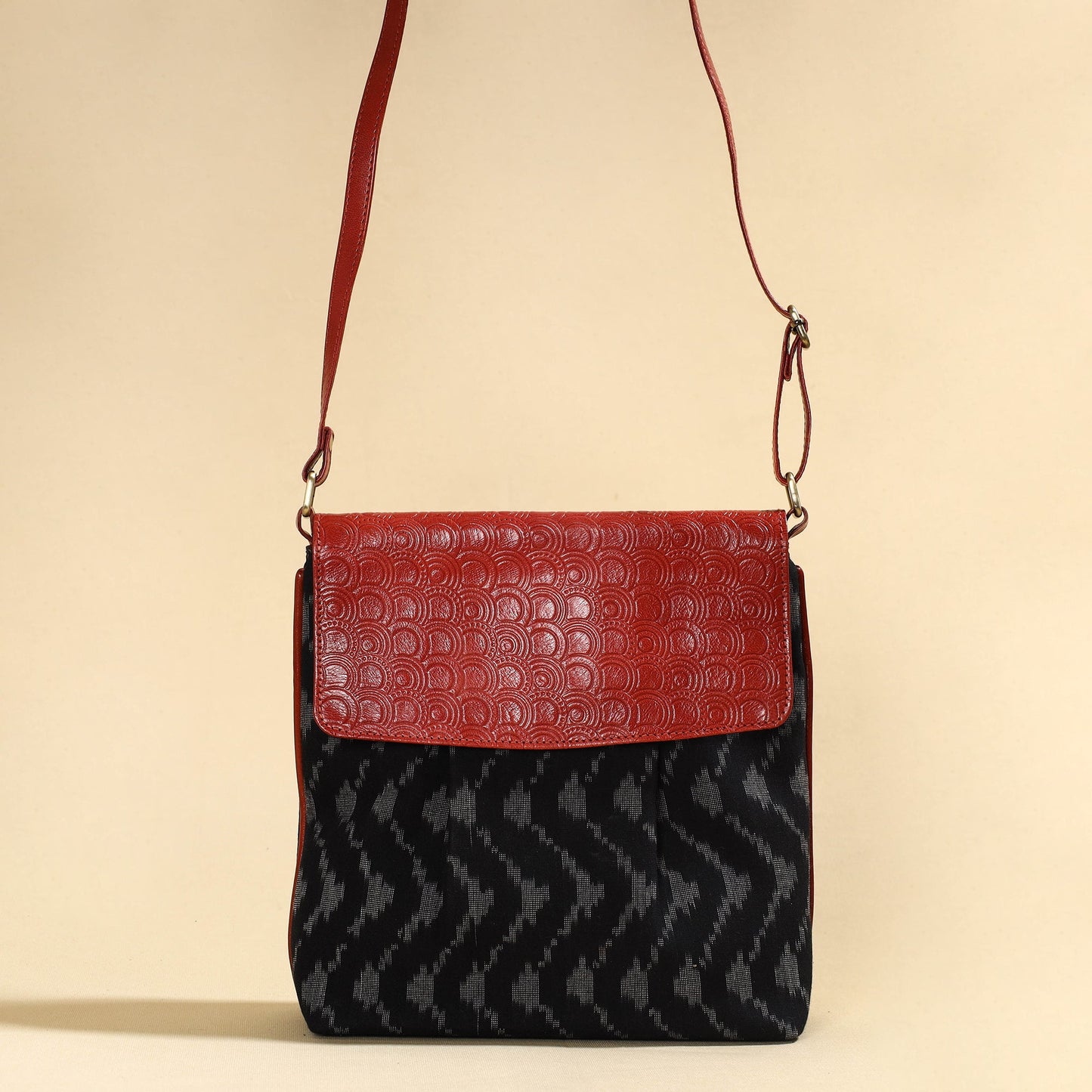 Black - Handcrafted Ikat Fabric Sling Bag with Embossed Leather Flap