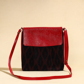 Black Handcrafted Ikat Fabric Sling Bag with Embossed Leather Flap
