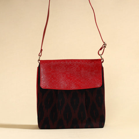 Black Handcrafted Ikat Fabric Sling Bag with Embossed Leather Flap