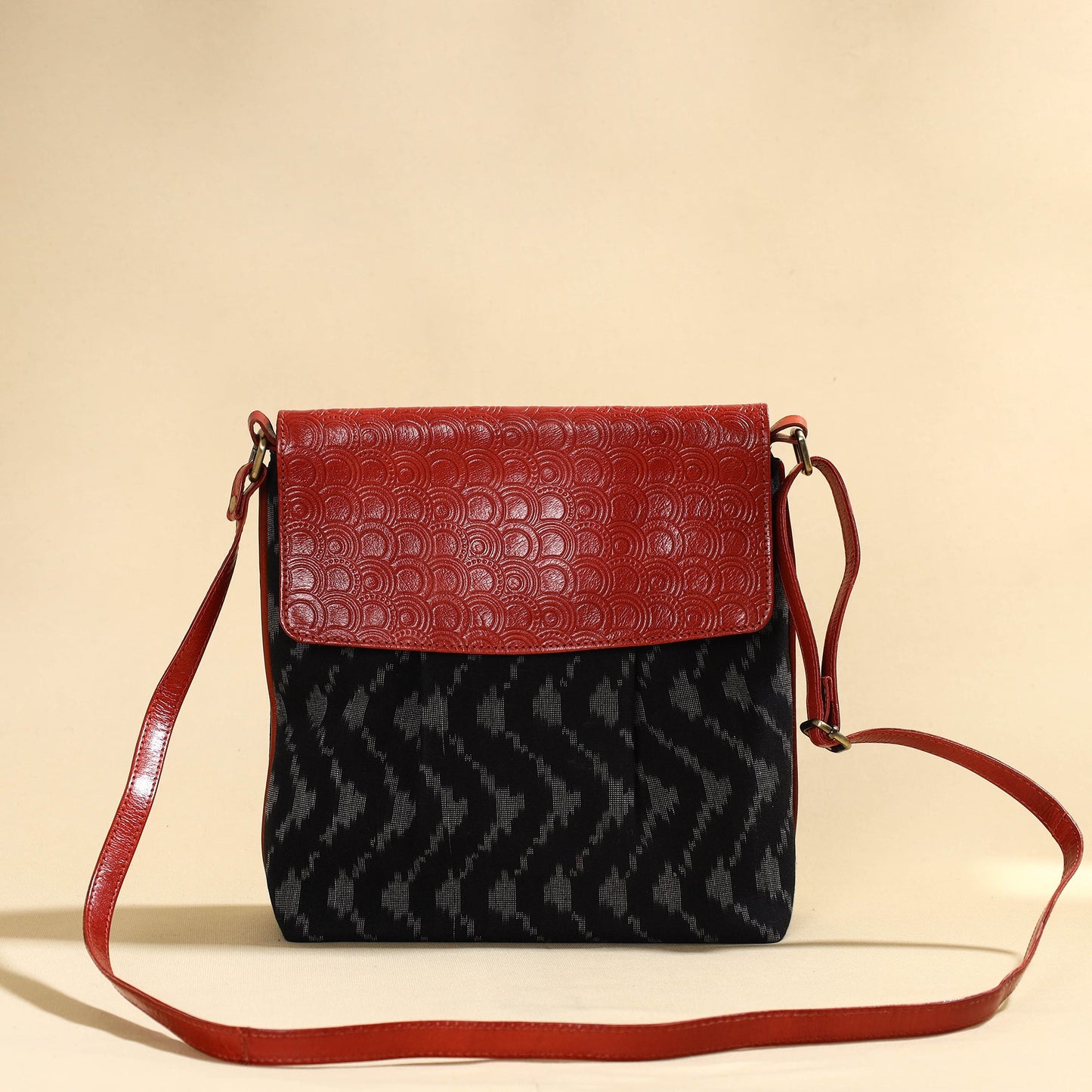 Black - Handcrafted Ikat Fabric Sling Bag with Embossed Leather Flap
