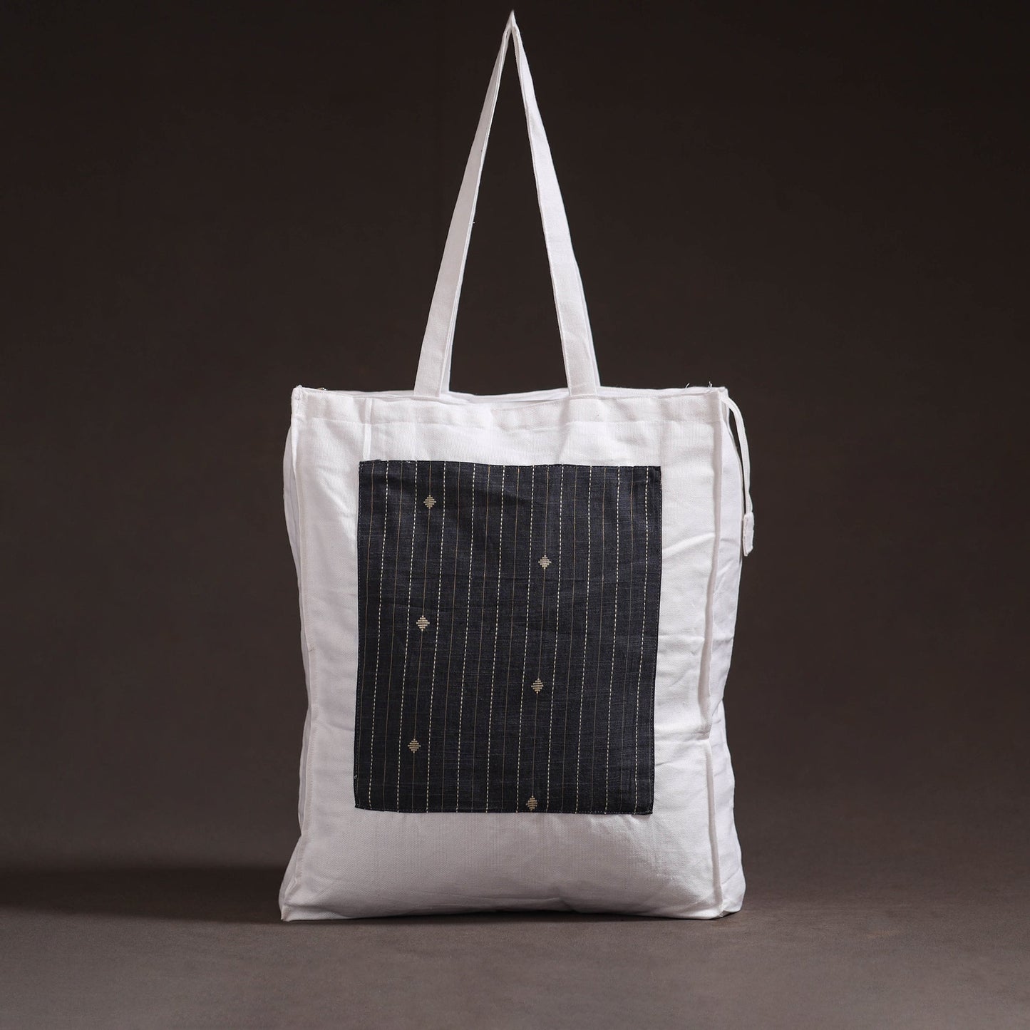 Black - handcrafted jacquard patch canvas cotton shoulder