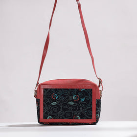 Black Handcrafted Kantha Embroidery Cotton & Leather Sling Bag