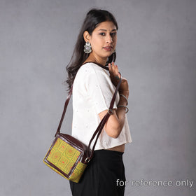 Black Handcrafted Kantha Embroidery Cotton & Leather Sling Bag