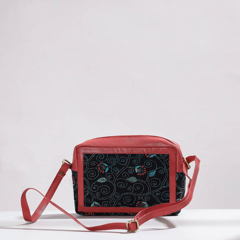 Black Handcrafted Kantha Embroidery Cotton & Leather Sling Bag