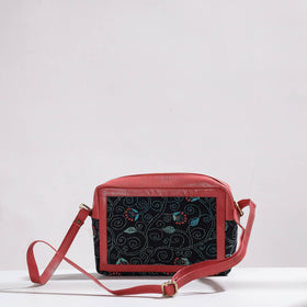 Black Handcrafted Kantha Embroidery Cotton & Leather Sling Bag
