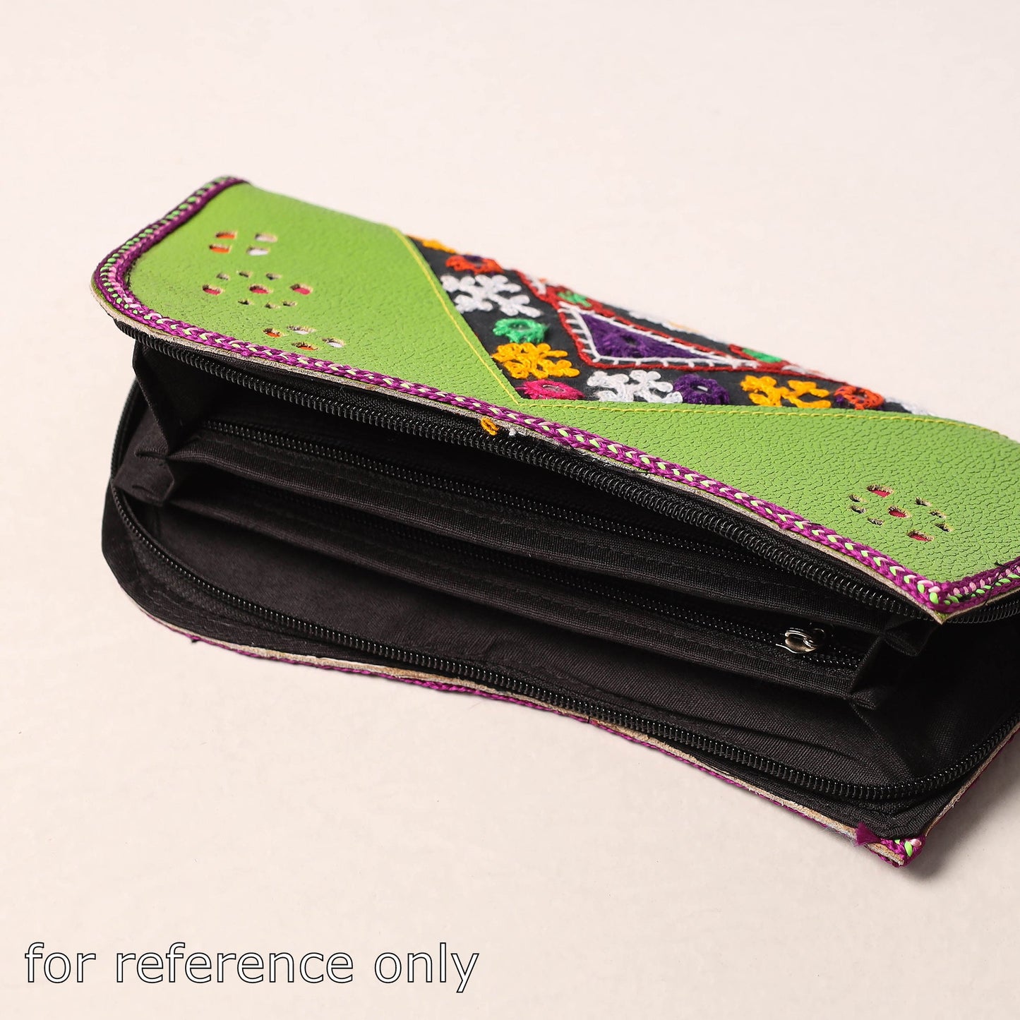 Black Handcrafted Kutch Embroidery Leather Clutch / Wallet