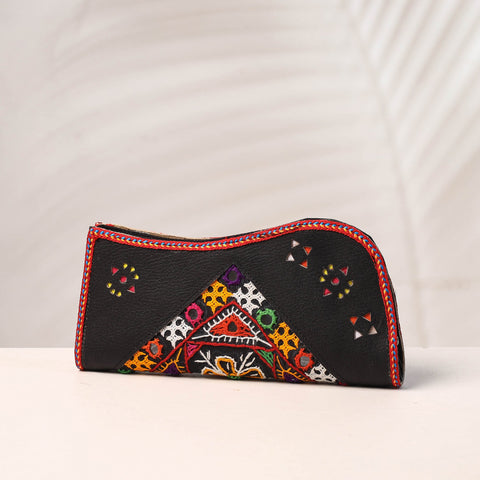 Black Handcrafted Kutch Embroidery Leather Clutch / Wallet