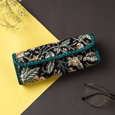Black Handcrafted Kutch Leather Block Printed Spectacle Case