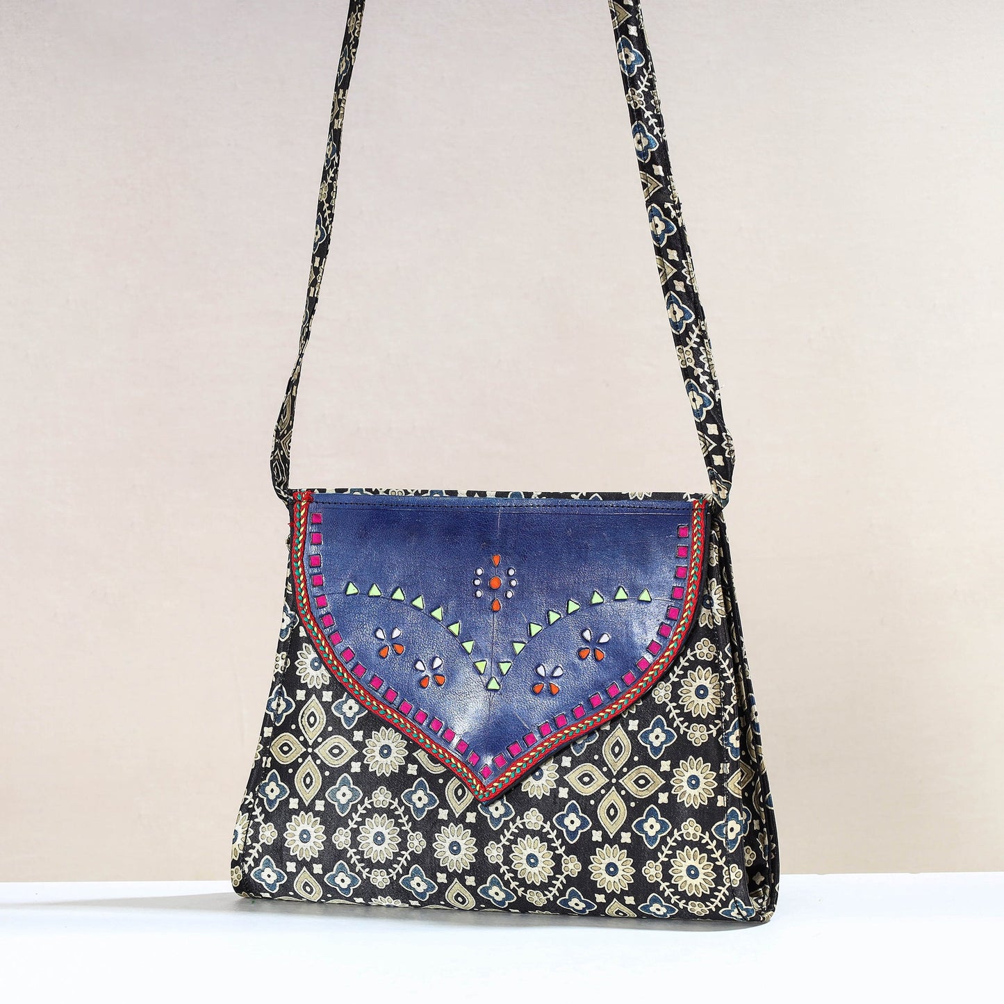  Handcrafted Ajrakh Mashru Silk Sling Bag with Leather Flap 
