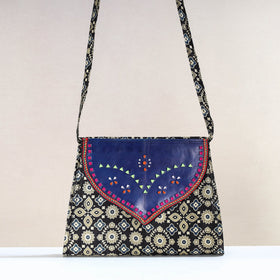  Handcrafted Ajrakh Mashru Silk Sling Bag with Leather Flap 