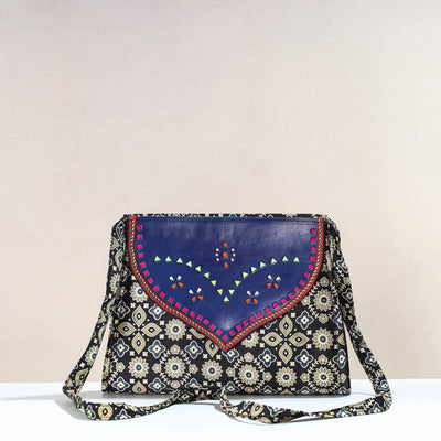  Handcrafted Ajrakh Mashru Silk Sling Bag with Leather Flap 