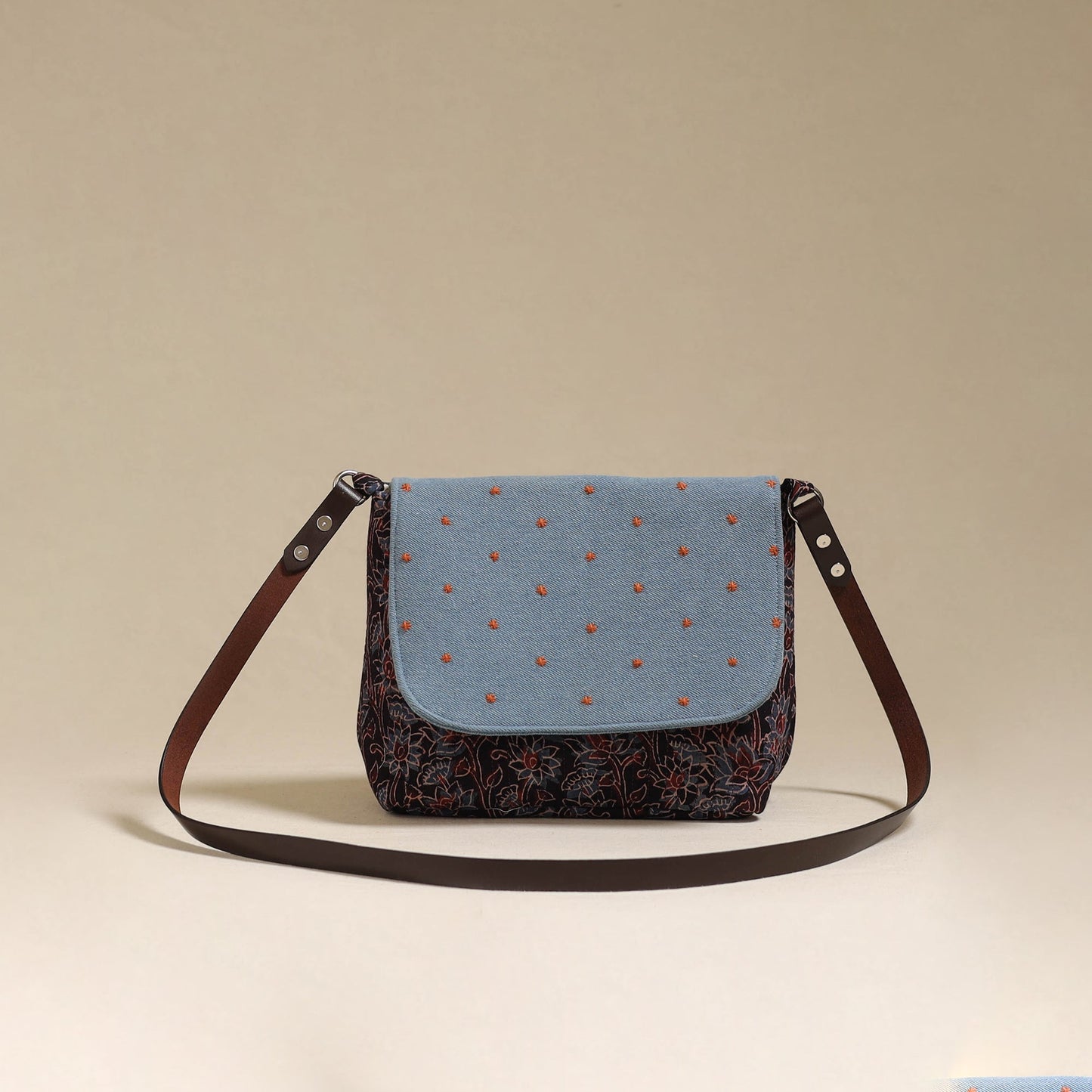 Handcrafted quilted ajrakh block printed fabric sling bag