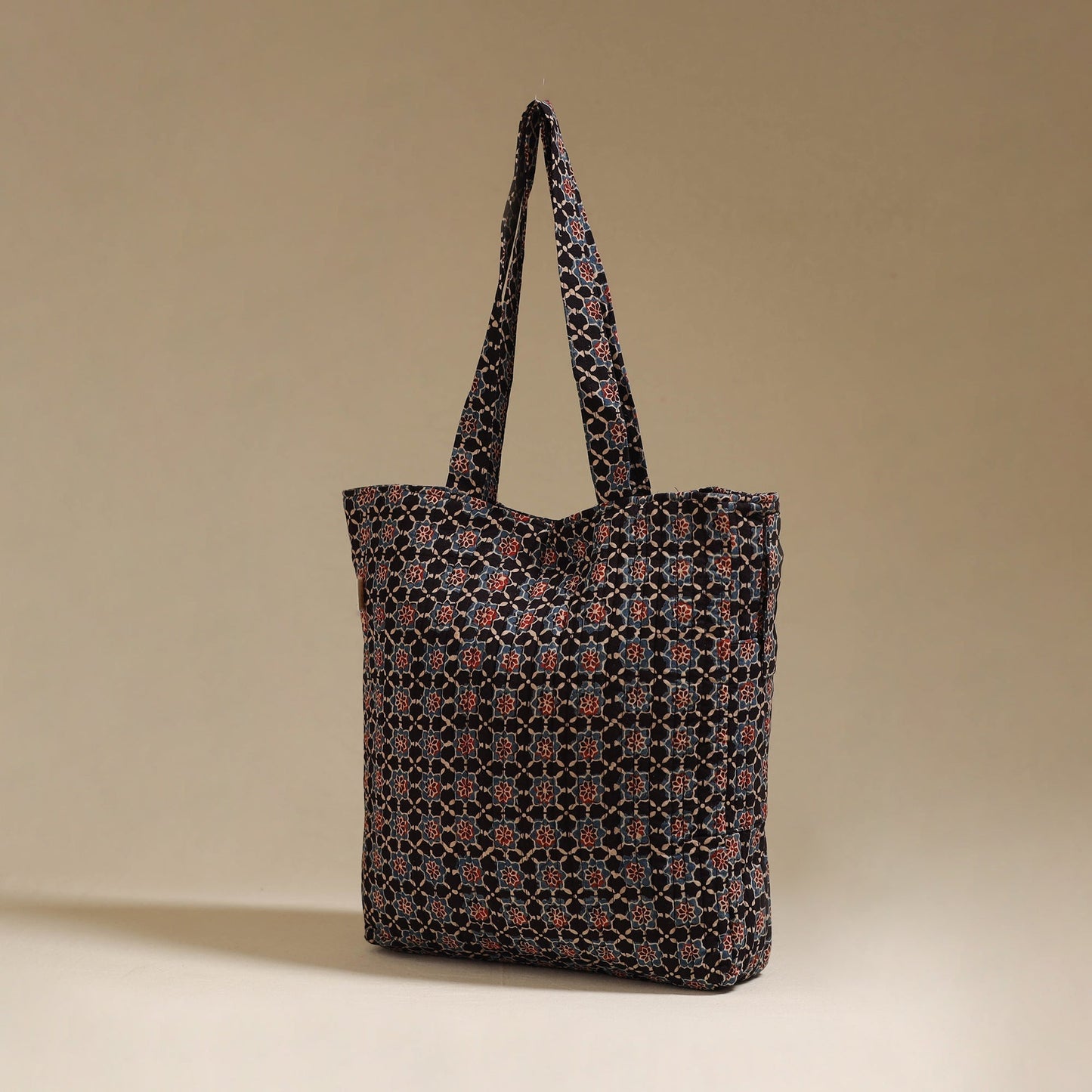 Handcrafted quilted ajrakh block printed fabric tote bag