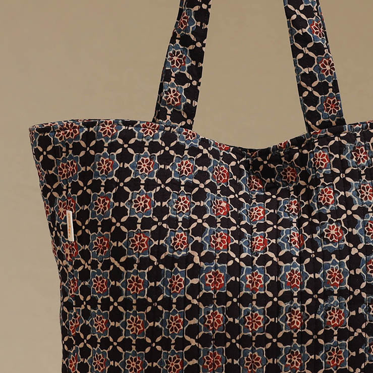 Handcrafted quilted ajrakh block printed fabric tote bag