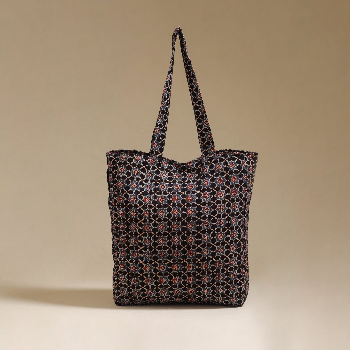 Handcrafted quilted ajrakh block printed fabric tote bag