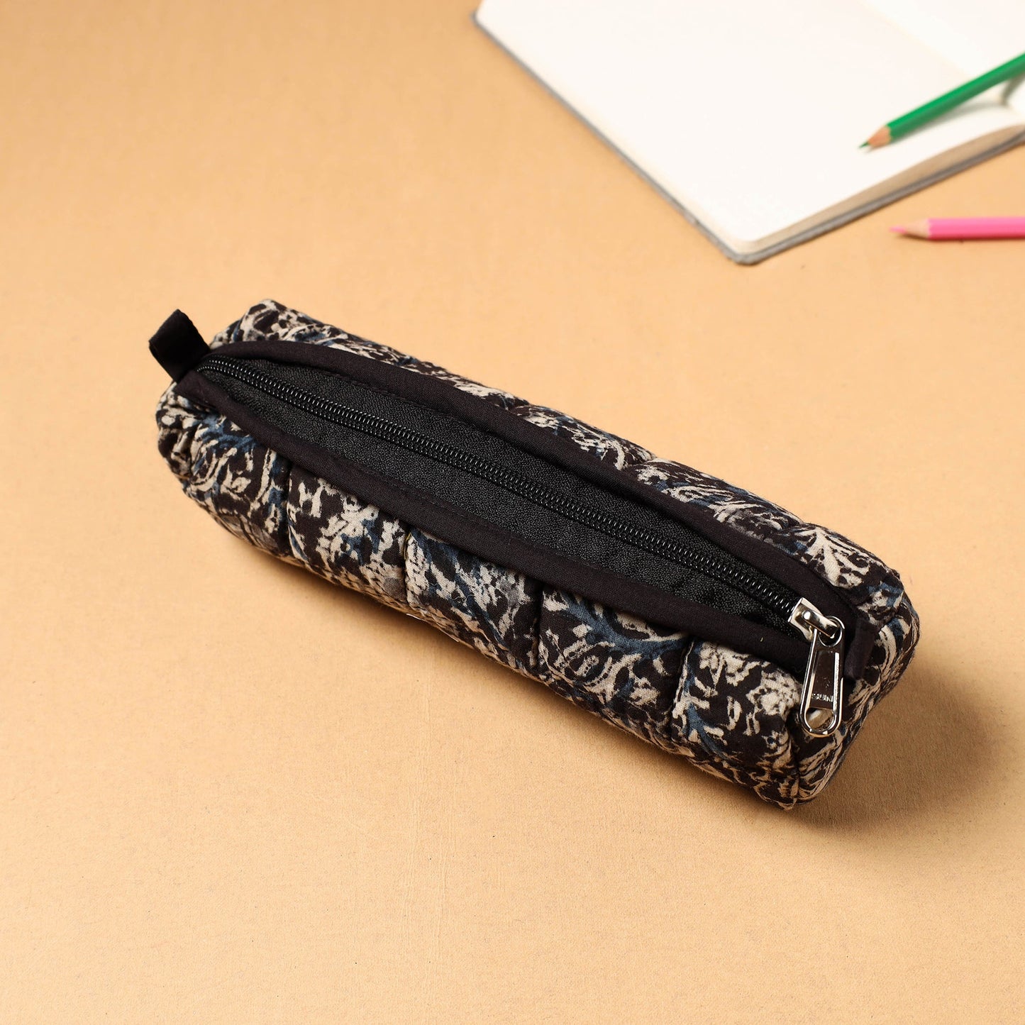 Black Handcrafted Quilted Cotton Pencil Pouch