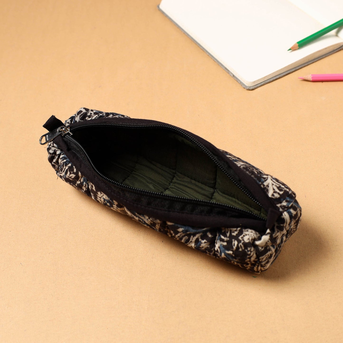 Black Handcrafted Quilted Cotton Pencil Pouch