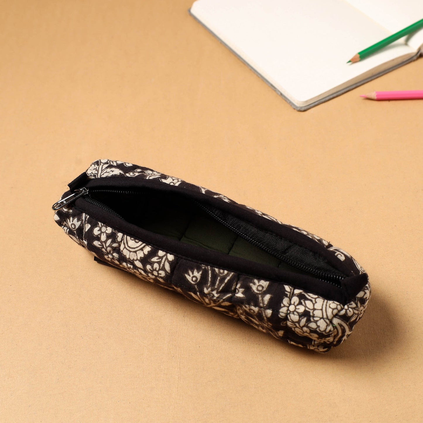 Black Handcrafted Quilted Cotton Pencil Pouch