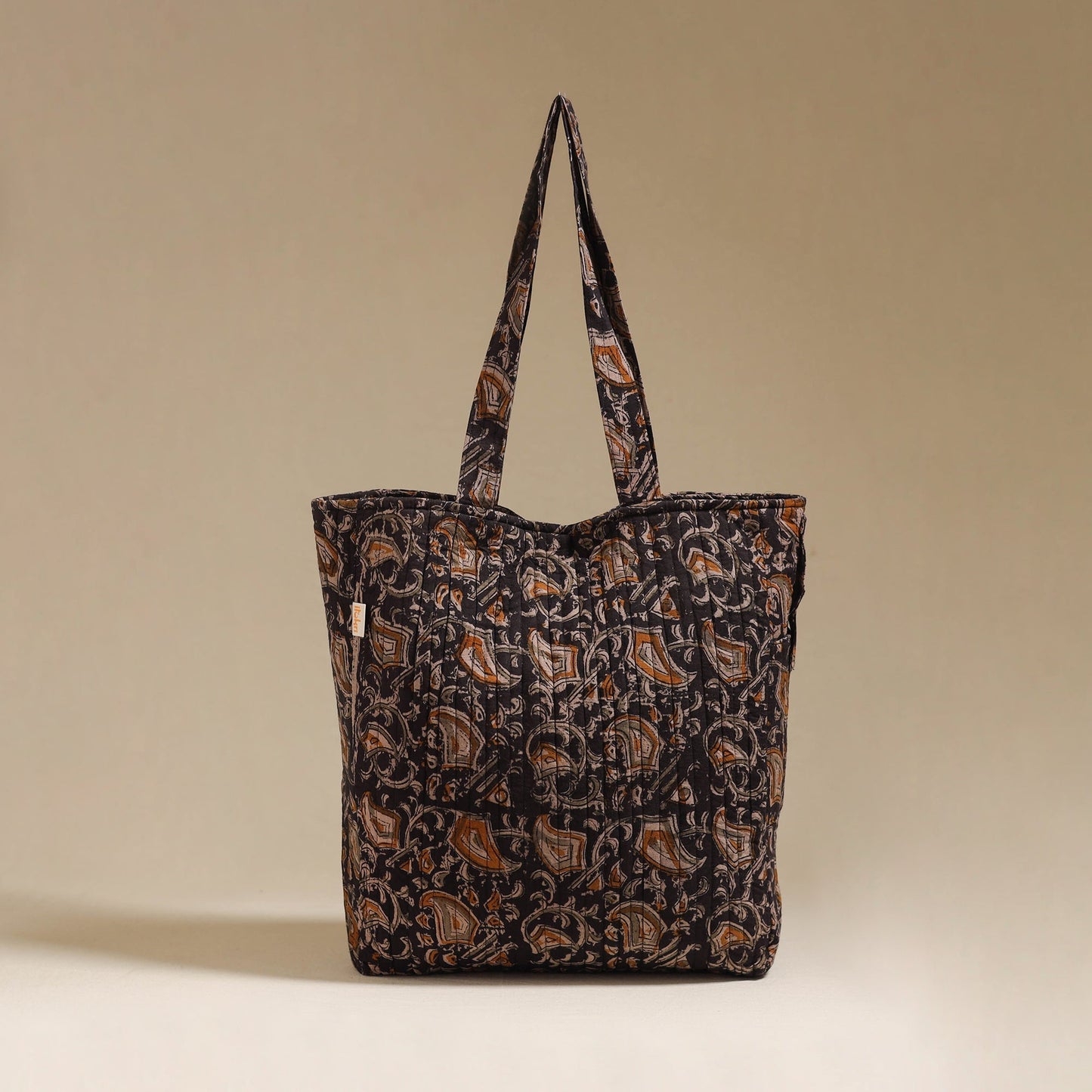 Handcrafted quilted kalamkari block printed fabric tote bag