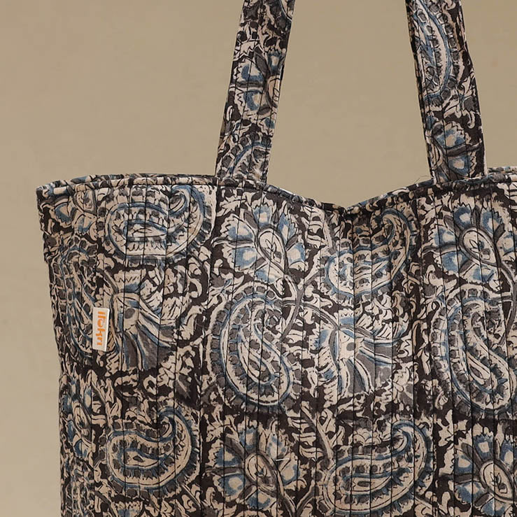 Handcrafted quilted kalamkari block printed fabric tote bag
