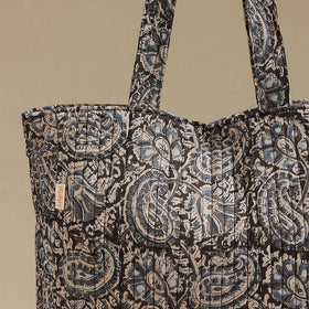 Handcrafted quilted kalamkari block printed fabric tote bag
