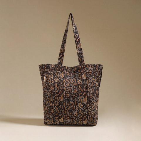 Handcrafted quilted kalamkari block printed fabric tote bag