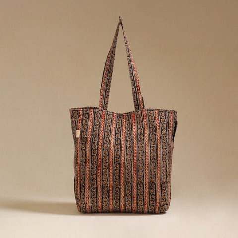 Handcrafted quilted kalamkari block printed fabric tote bag