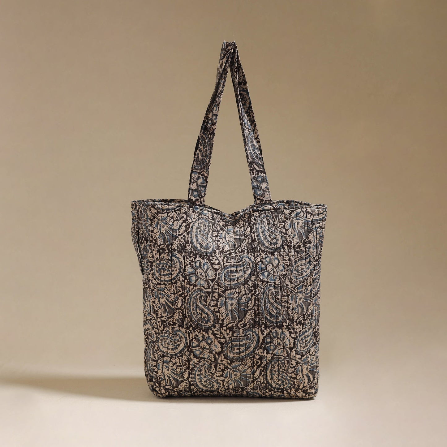 Handcrafted quilted kalamkari block printed fabric tote bag