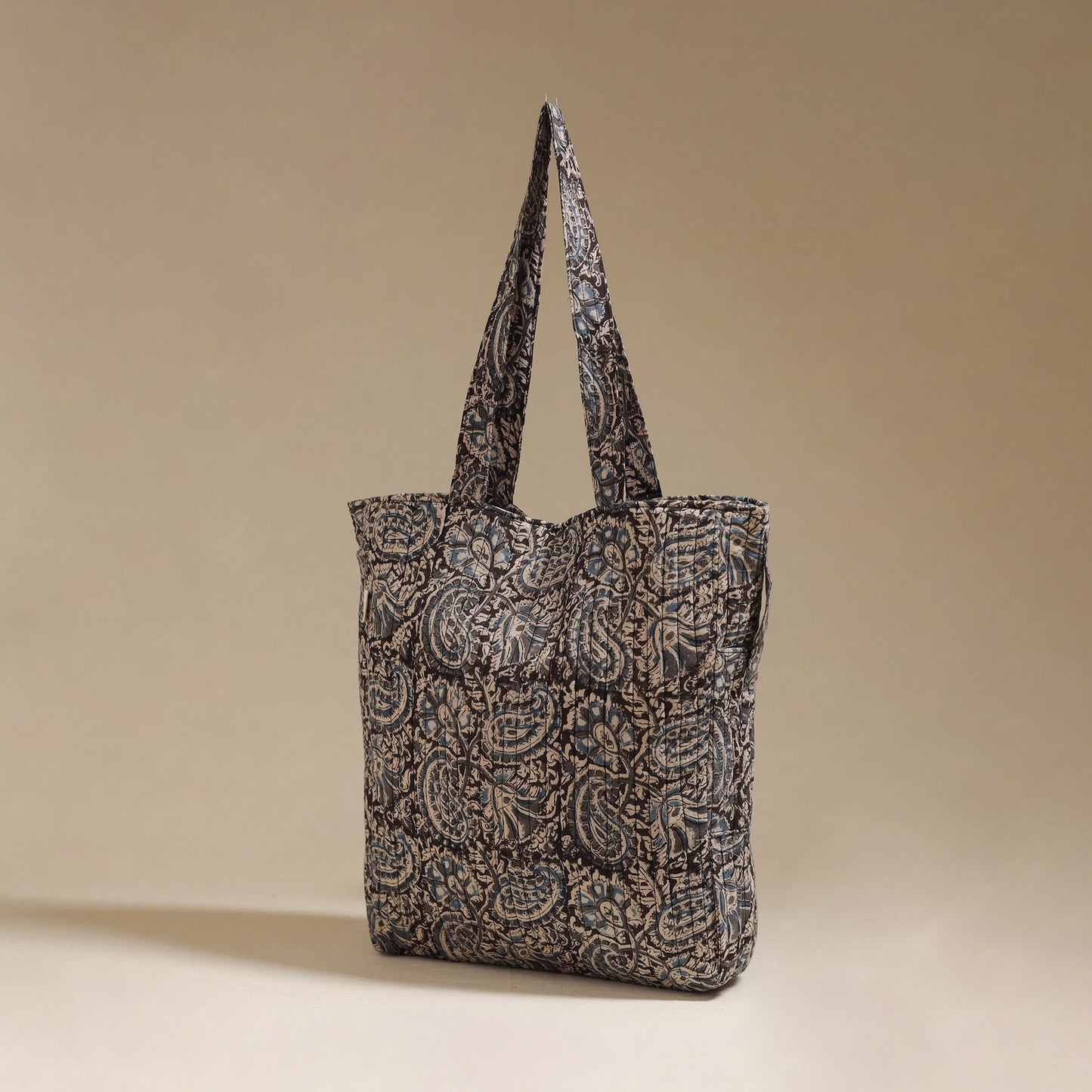 Handcrafted quilted kalamkari block printed fabric tote bag