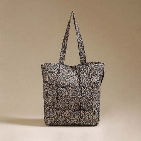 Handcrafted quilted kalamkari block printed fabric tote bag