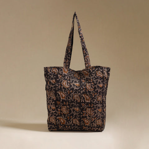 Handcrafted quilted kalamkari block printed fabric tote bag