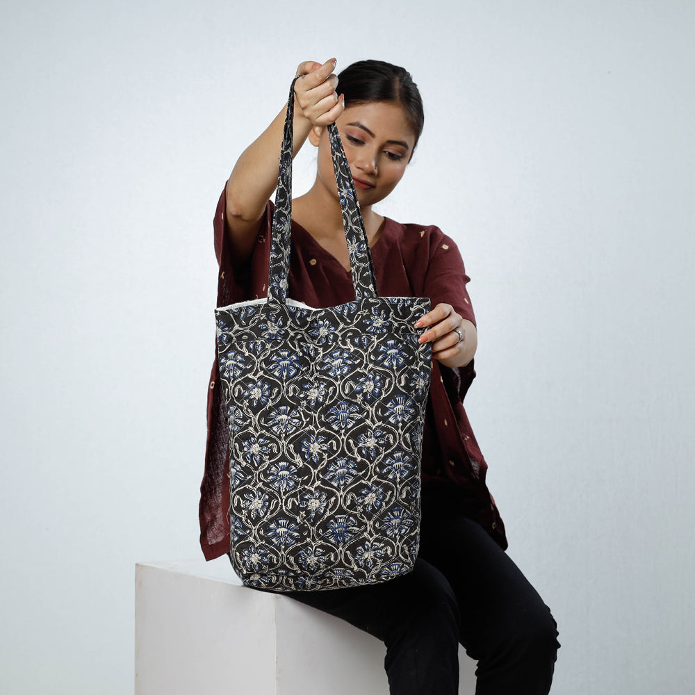 Black - Handcrafted Quilted Sanganeri Block Printed Shoulder Bag