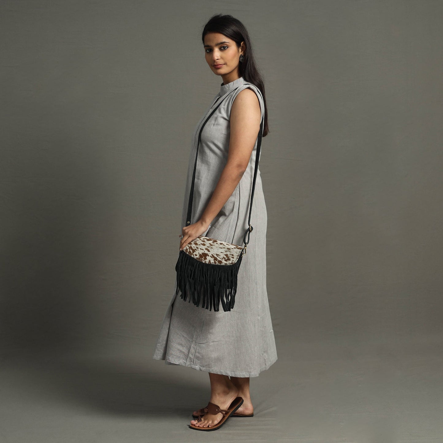  Handcrafted Suede Leather Fringe Sling Bag 