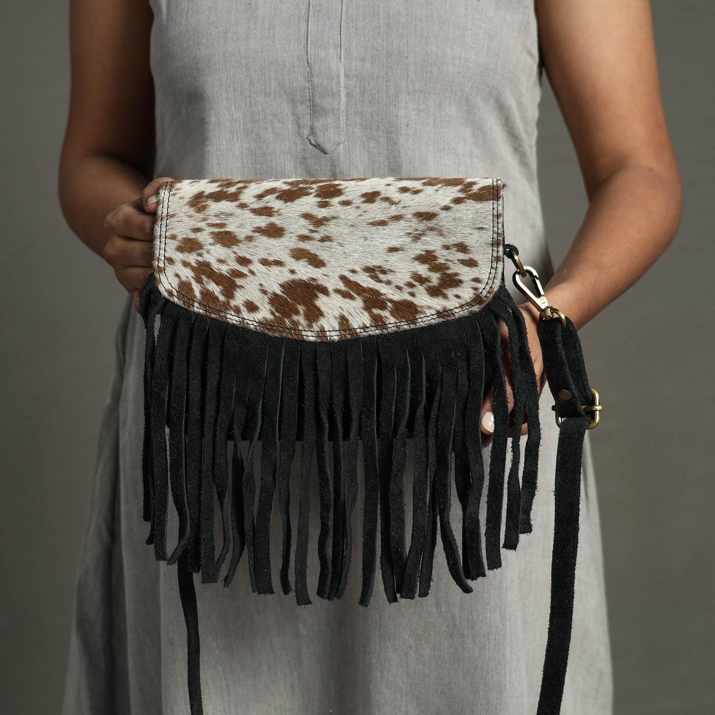  Handcrafted Suede Leather Fringe Sling Bag 