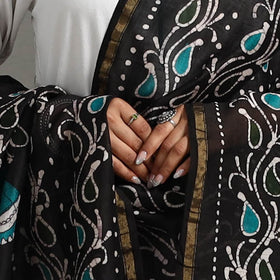 Black - Handloom Chanderi Silk Hand Batik Printed Dupatta 03