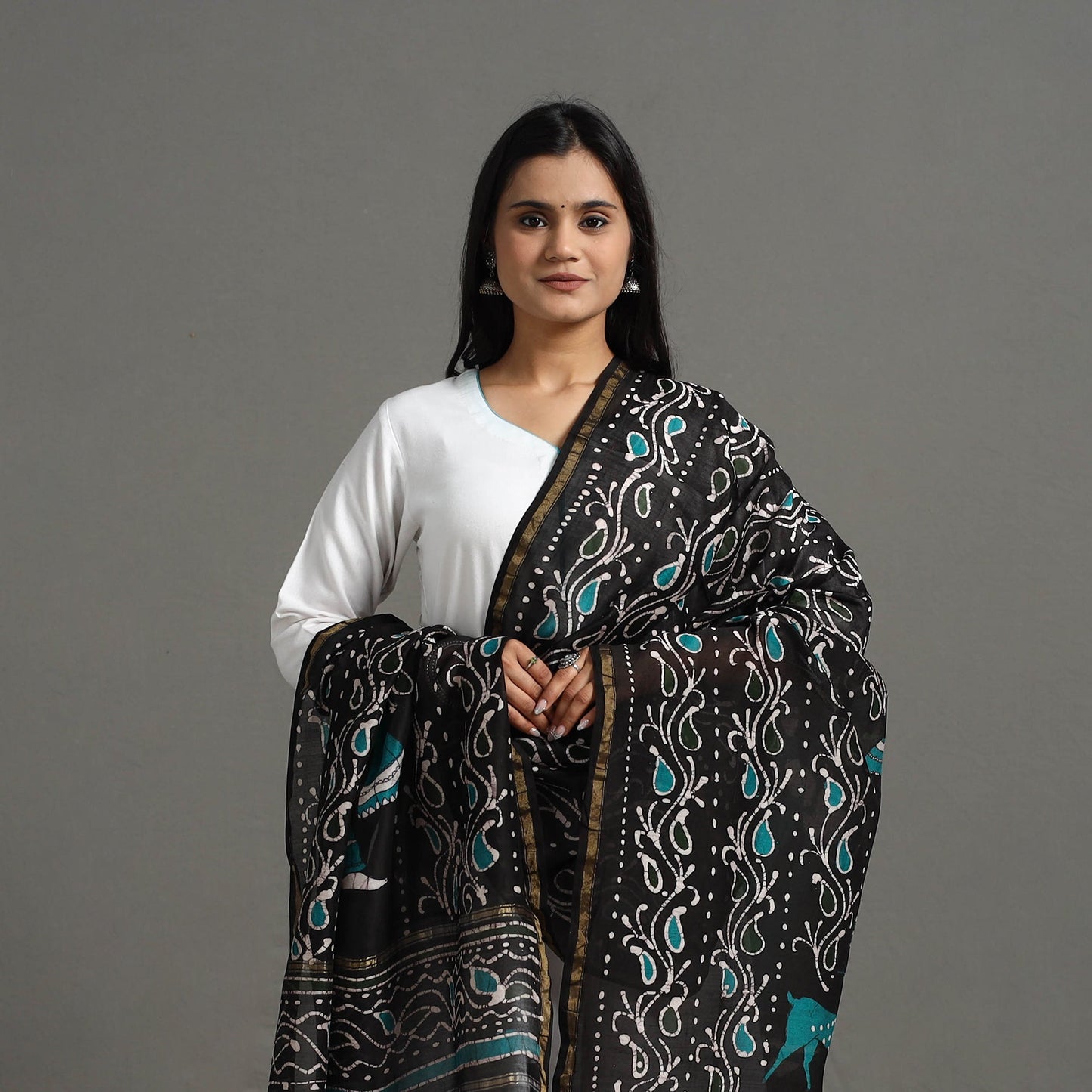 Black - Handloom Chanderi Silk Hand Batik Printed Dupatta 03