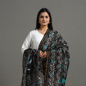 Black - Handloom Chanderi Silk Hand Batik Printed Dupatta 03