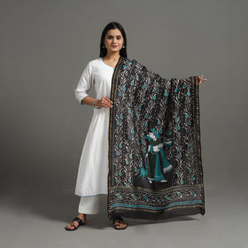Black - Handloom Chanderi Silk Hand Batik Printed Dupatta 03