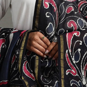 Black - Handloom Chanderi Silk Hand Batik Printed Dupatta 08